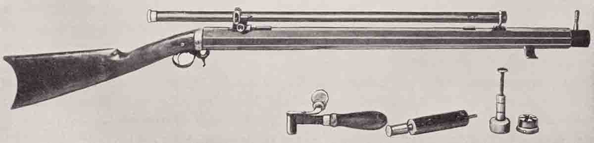 A .38-caliber Brockway underhammer slug rifle with Brockway telescope and loading tools. Once owned and shot by Walter F. Grote from The Muzzleloading Cap Lock Rifle by Roberts.